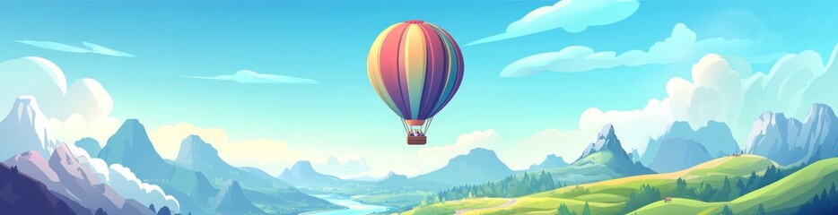 Fototapeta premium Colorful hot air balloon floats over scenic mountain landscape.