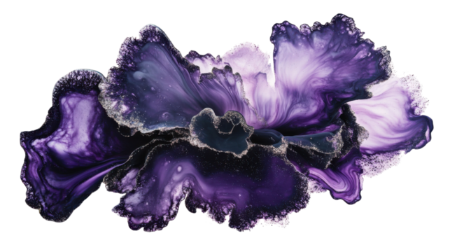 Purple and gold abstract flower blooming on transparent background