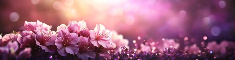 Pink flowers blossom in sunlight, bokeh background.