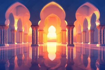Sunset Illuminates Grand Mosque Columns And Arches