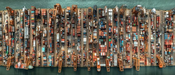 Aerial view of a cargo ship, containers, and cranes at a busy port.