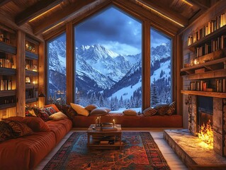 Fototapeta premium Cozy Mountain Cabin: A Serene Winter's Evening Scene