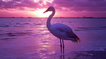 Fototapeta premium Solitary Flamingo at Sunset in Purple Hues, Coastal Serenity