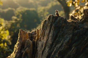 Small bird perched atop a weathered tree stump at sunset, overlooking a lush green forest.