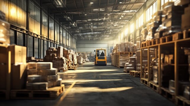 A forklift drives through a sunlit warehouse, surrounded by stacked cardboard boxes and pallets.