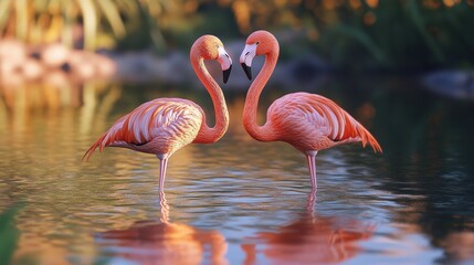 Fototapeta premium A Flamingo's Embrace: Two vibrant pink flamingos stand gracefully in shallow water, their necks curved to form a heart shape, capturing a tender moment of connection and love. The soft.