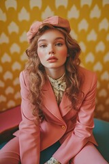 Naklejka premium Fashionable portrait exuding retro vibes with vibrant colors and
