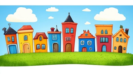 Naklejka premium A Row of Whimsical, Colorful Houses on a Green Hill Under a Blue Sky