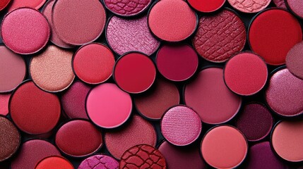 A creative makeup swatch board displaying different shades of berry red lipsticks and blushes