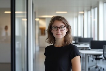 Fototapeta premium Young woman in glasses smiles in modern office.