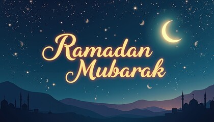 Vibrant Night Sky Celebrates Ramadan Mubarak: Mosque Silhouette in the Horizon