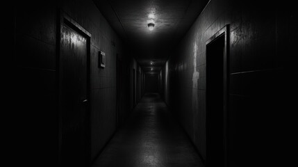 Dark, long hallway with doors and dim lighting, creating a mysterious and suspenseful atmosphere.