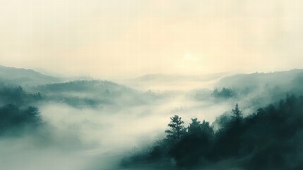 Fototapeta premium A peaceful oil painting of a foggy morning in the countryside, with soft, muted colors blending together in a calm, dreamy atmosphere.