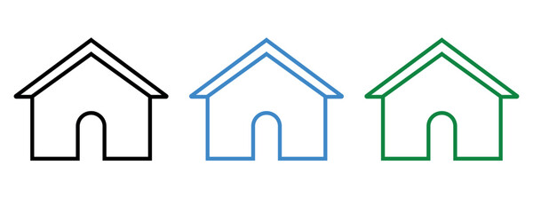 Home icon vector, house icon vector set, outline style home icons, linear style home icons in three different colors isolated on white background.