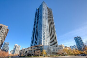 Obraz premium Modern glass skyscraper in urban setting, sunny day.