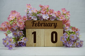 Wooden Calendar Showing the Date of February 10th. Day 10 of February month
