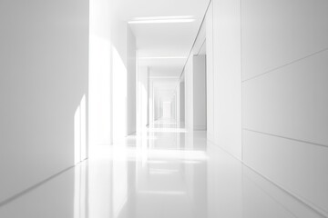 Obraz premium Bright, minimalist white hallway with reflective floor and sunlight.
