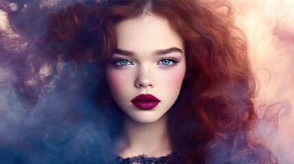 Fototapeta premium A dreamy, celestial-inspired beauty composition with deep red and berry lipstick smears