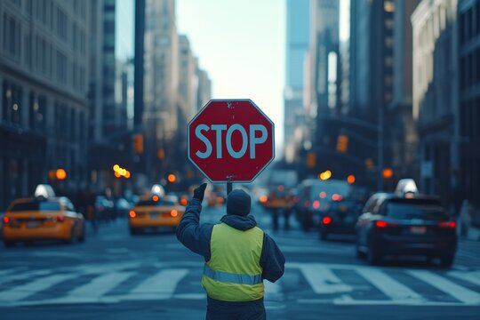 A traffic controller with a stop sign directs traffic on a busy city street.