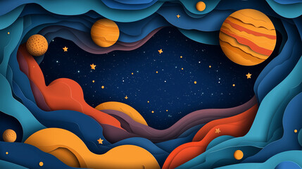 Paper Space. Layers imitating planets, starry skies, and galaxies, paper cut out effect. space background made of paper