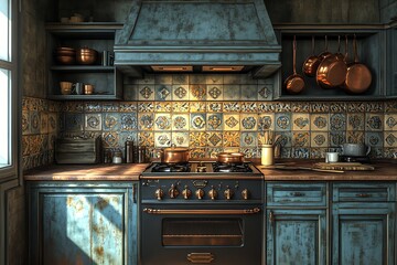 Rustic Copper Kitchen: Sunlit Vintage Design with Intricate Tiles