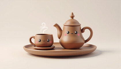 A 3D cute of a teapot and a cup of tea