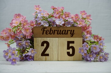Wooden Calendar Showing the Date of February 25th. Day 25 of February month