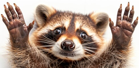 Fototapeta premium Playful Racoon with Outstretched Paws and Expressive Eyes