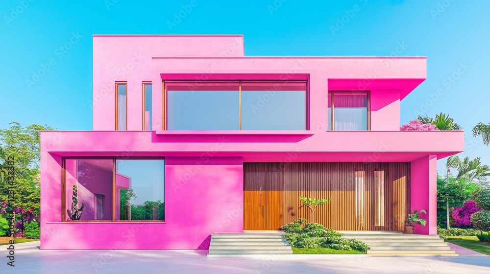 Poster bright and striking, this modern pink house stands out with its unique architectural design. sunligh