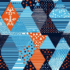 Geometric Abstract Winter Pattern: Blue, Orange Triangles, Seamless Texture, Modern Design, Stylish Background