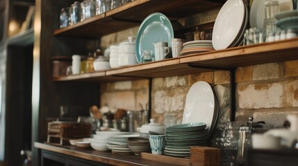 A rustic kitchen shelf displaying various dishes and glassware for dining and food preparation.
