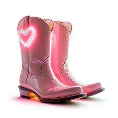Cowboy boots with neon heart spurs, quirky and retro, pastel tones, isolated on white background.