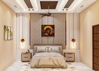 Cozy and Modern Bedroom Oasis with Artwork and Soft Lighting