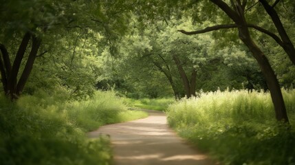 Sun Dappled Path Through Lush Green Forest