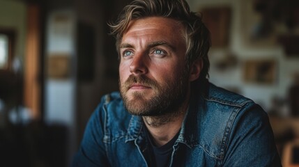 Obraz premium A thoughtful portrait of a man with a beard and short hair, wearing a denim jacket and gazing off into the distance.