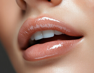 Obraz premium A woman's lips are painted with a shiny lip gloss