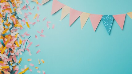 Pastel confetti bursts near bunting on blue background