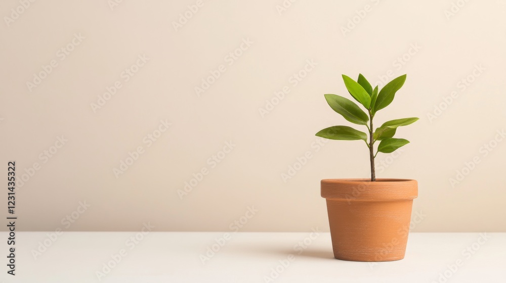 Wall mural Small green plant in terracotta pot against beige background.