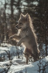 Obraz premium Adorable fluffy puppy standing on hind legs in snowy winter forest.
