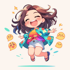 Jumping Joy: Q-version Leap of Happiness, Can be used to design products such as clothes, bags, stickers, etc.