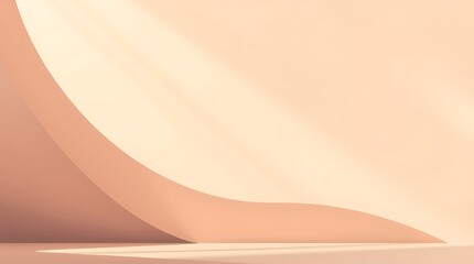 Minimalist desert landscape, curved sand dune, large sun, pastel peach tones, soft gradients, abstract geometric shapes, serene atmosphere, clean lines, simplified forms, muted color palette, zen-like