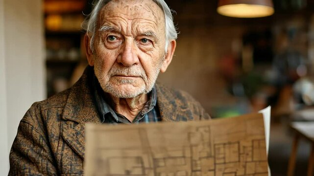 An old man is holding a paper with a map on it. He looks serious and focused. Concept of determination and purpose as the man studies the map