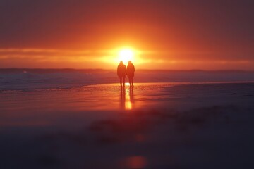 Silhouetted couple walking hand-in-hand on a beach at sunset.