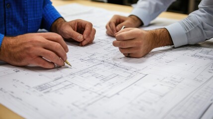 Engineering consultants holding blueprints, discussing project timelines at a factory construction site.