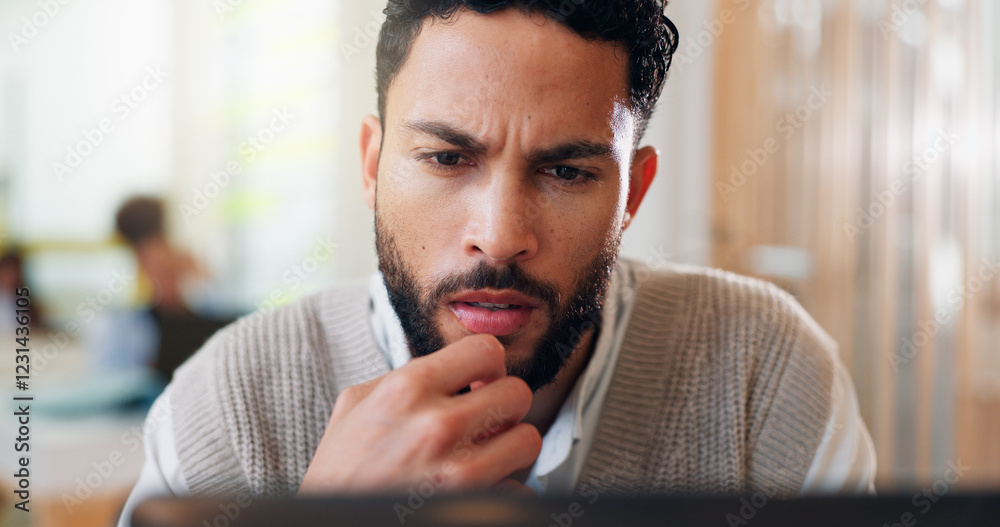 Poster Laptop, problem solving and thinking with business man in coworking space for planning or research. Confused, doubt and frown with employee in workplace for online administration or reporting