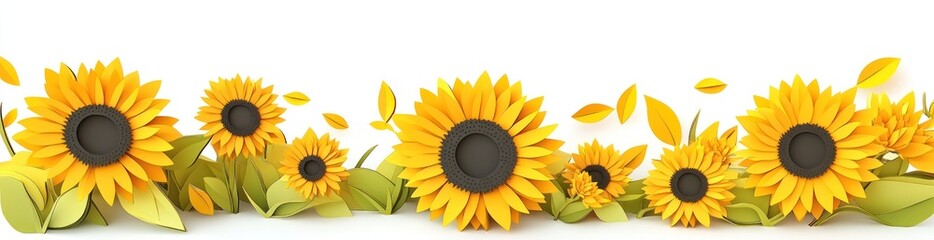 Vibrant sunflowers and leaves border on white background.