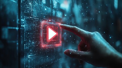 Fototapeta premium Hand reaching out to tap on a glowing, floating play button, multimedia concept in digital space 