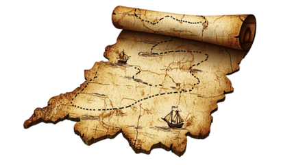 Rolled treasure map showing sea route.  Adventure, exploration, journey isolated on transparent or white background. Generative ai