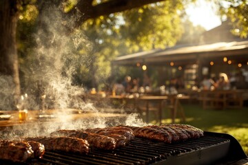 Grilled sausages, outdoor party, summer evening, restaurant background