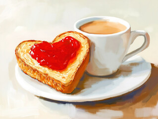 Cozy morning with heart-shaped jam toast and a cup of coffee